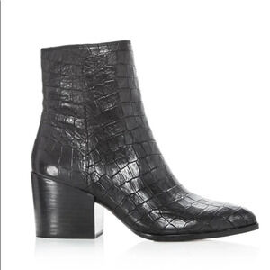 1 state Black Women's Jahmil Croc Embossed Leather High Block Heel Booties